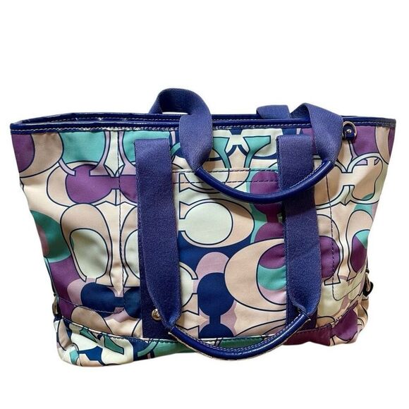 Coach Kyra Scarf Print C Signature Tote Bag Purple Blue Vintage Geometric Medium - Picture 1 of 10